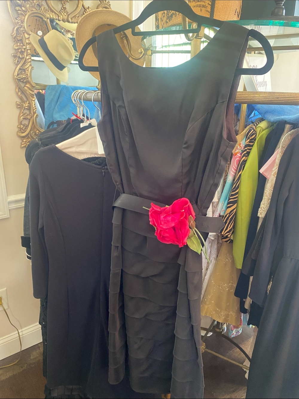 Vintage Black Midi Dress with Pink Floral Accent